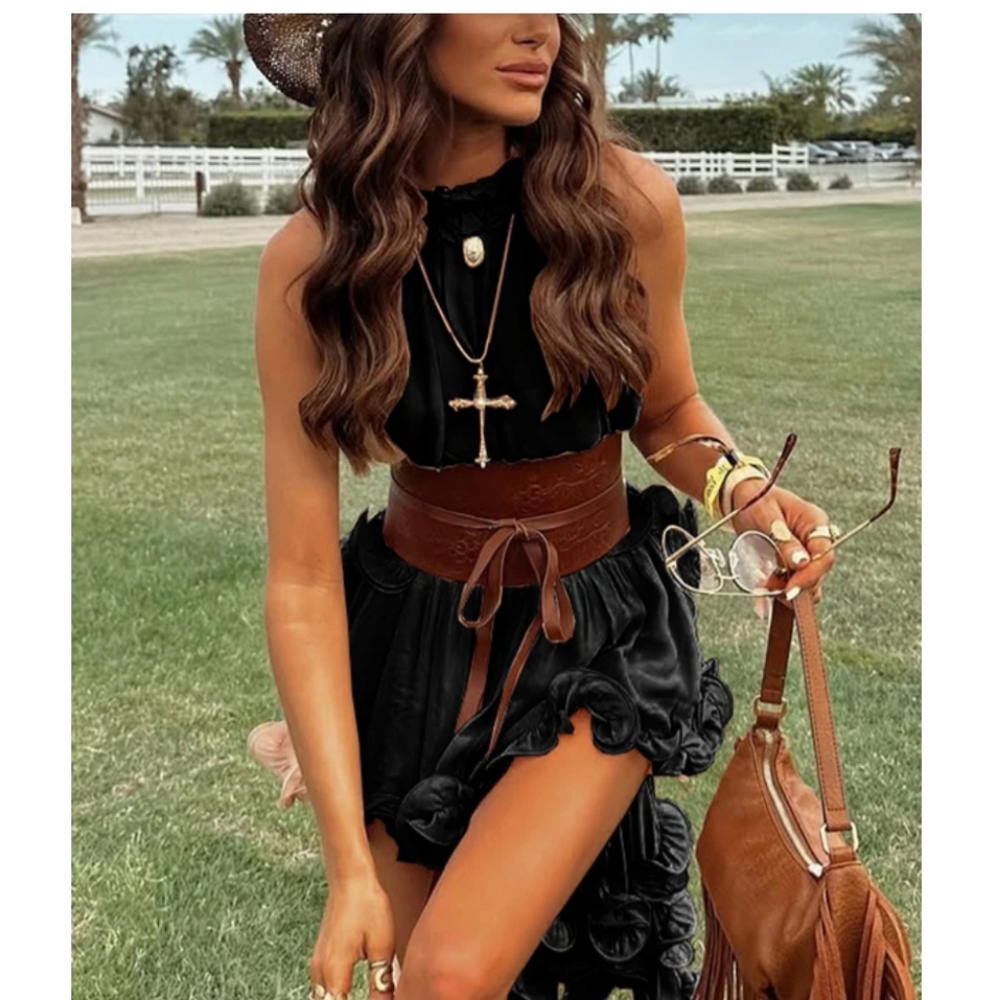 Romantic Drama Chiffon Wavy Ruffles Halter Irregular A-line Top And Skirt